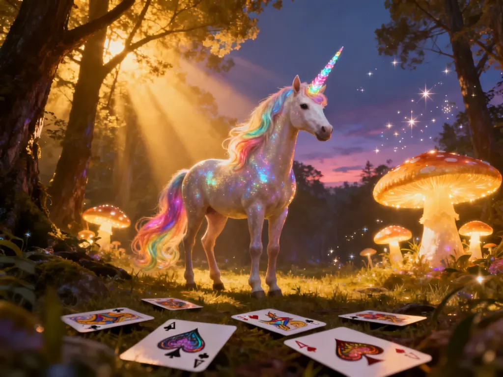 Magiczny jednorożec w baśniowym lesie otoczony kartami do gry, wprowadzający w klimat gry Odjechane jednorożce.