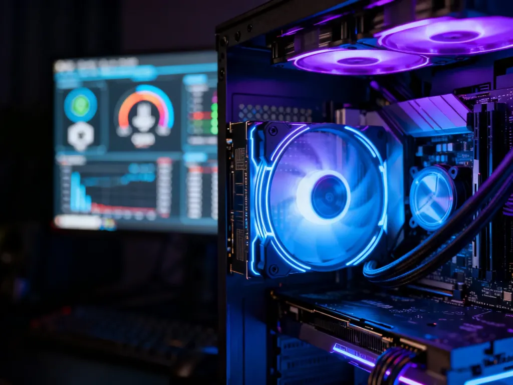 Wnętrze nowoczesnego komputera gamingowego z podświetleniem LED oraz monitor wyświetlający parametry techniczne sprzętu.