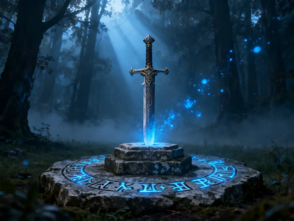 Miecz wbity w kamienny ołtarz w mistycznym, mglistym lesie, nawiązujący do klimatu gry Heroes of Might and Magic.