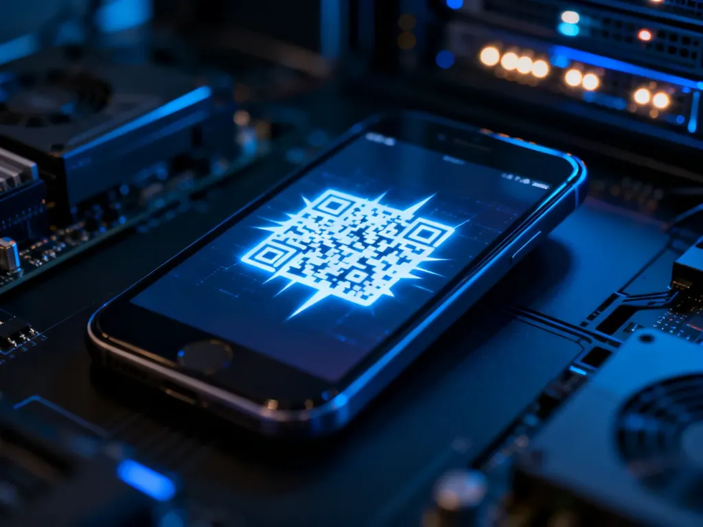 Smartfon z wyświetlonym kodem QR Steam na tle nowoczesnego sprzętu komputerowego w niebieskim oświetleniu.