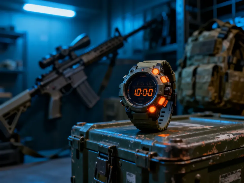 Zegarek taktyczny z odliczaniem czasu na tle sprzętu wojskowego, zapowiadający premierę nowej części Call of Duty.