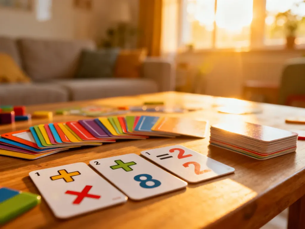 Kolorowe karty edukacyjne z liczbami i symbolami matematycznymi rozłożone na drewnianym stole w słonecznym pokoju.