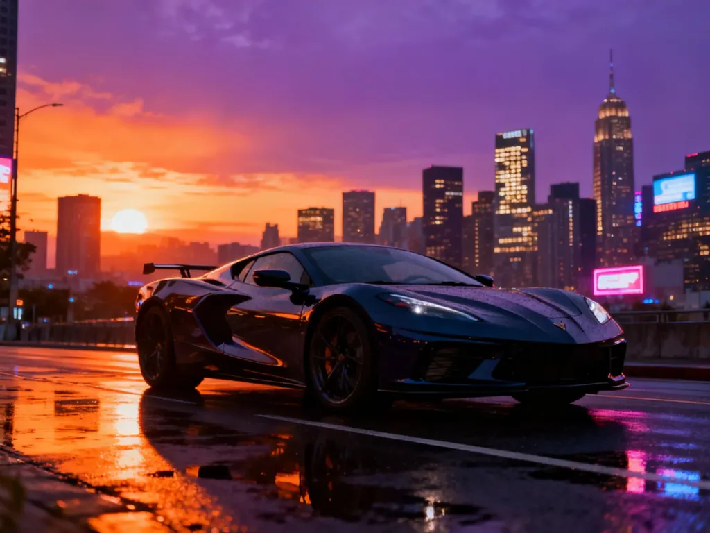 Nowoczesne miasto w stylu GTA o zachodzie słońca z luksusowym sportowym samochodem na pierwszym planie.