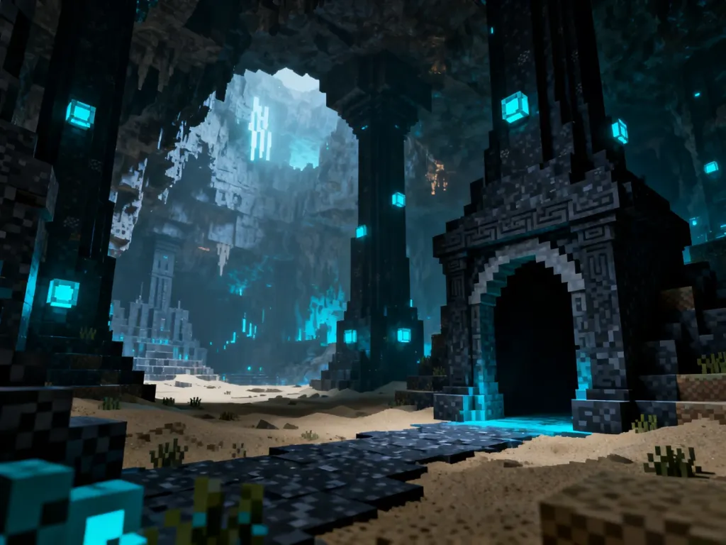 Mroczne Ancient City w Minecrafcie z wysokimi kolumnami i świecącymi blokami sculk w głębokiej jaskini.