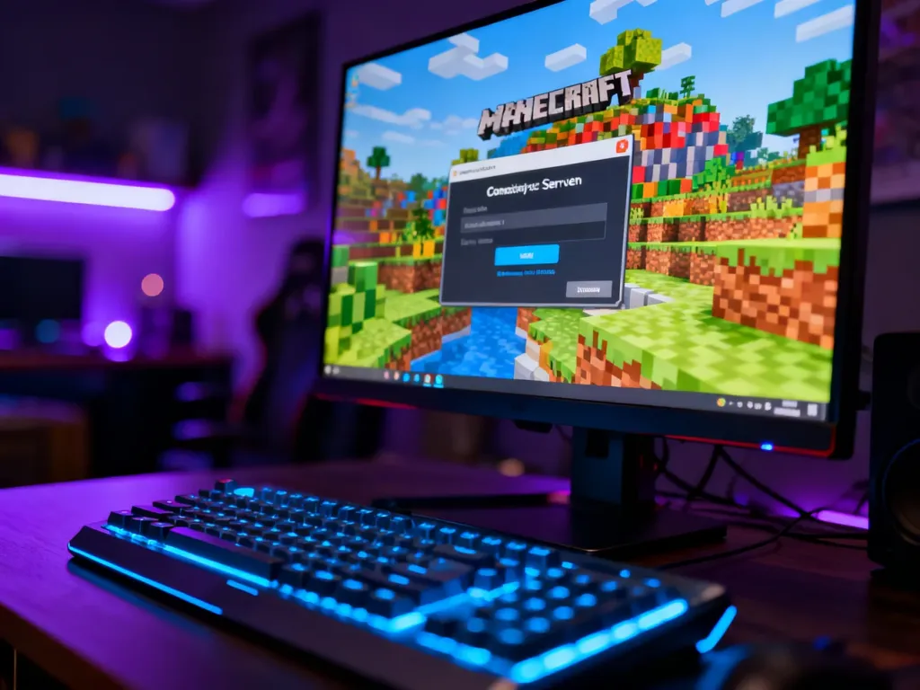 Monitor z widocznym ekranem łączenia z serwerem Minecraft oraz podświetlana klawiatura w przytulnym pokoju gracza.