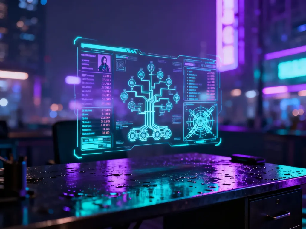 Futurystyczne stanowisko pracy z hologramem wyświetlającym statystyki postaci i drzewka umiejętności w stylu cyberpunk.