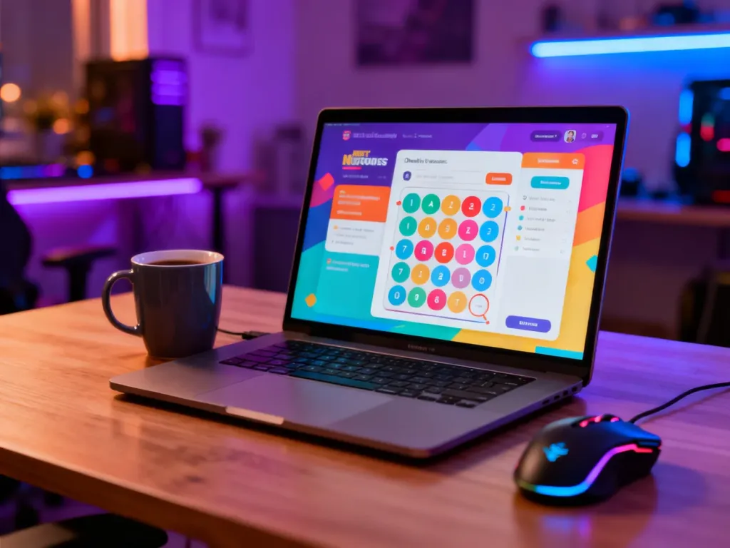 Kolorowy interfejs quizu Uwufufu na ekranie laptopa w przytulnym, nastrojowo oświetlonym pokoju gracza.