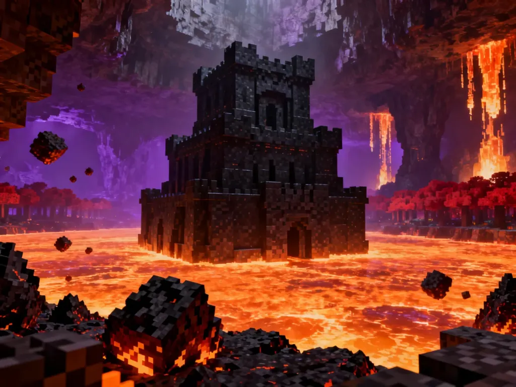 Imponująca twierdza bastion remnant wznosząca się nad lawą w mrocznym wymiarze Netheru w grze Minecraft.