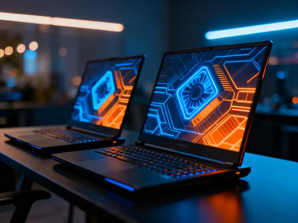 Dwa nowoczesne laptopy gamingowe z neonową grafiką na ekranach, ustawione obok siebie na biurku.
