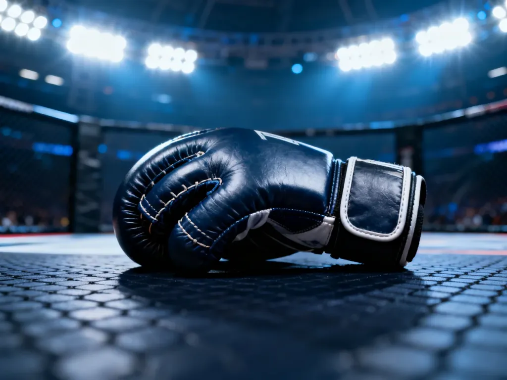 Profesjonalna rękawica MMA spoczywająca na macie oktagonu w klimatycznym, sportowym oświetleniu.