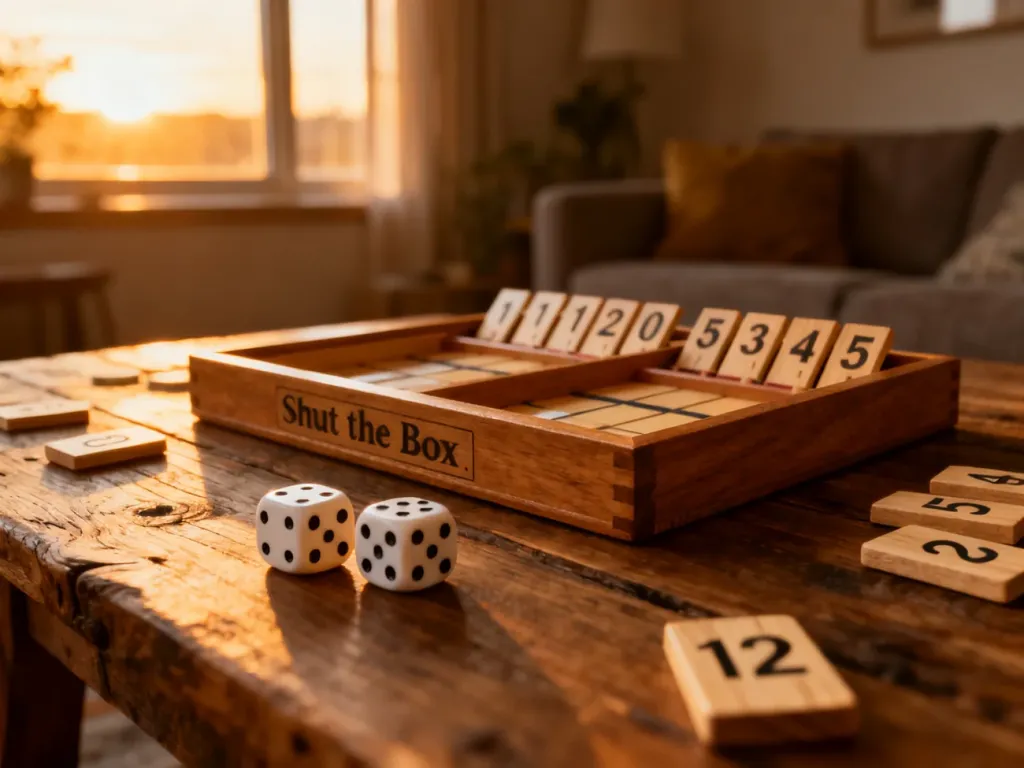 Drewniana gra Shut the Box na rustykalnym stole z kośćmi i przewróconymi klockami w ciepłym świetle zachodzącego słońca.
