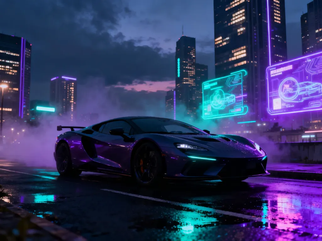 Futurystyczne miasto w neonowych barwach z luksusowym sportowym samochodem na pierwszym planie, nawiązujące do klimatu GTA VI.