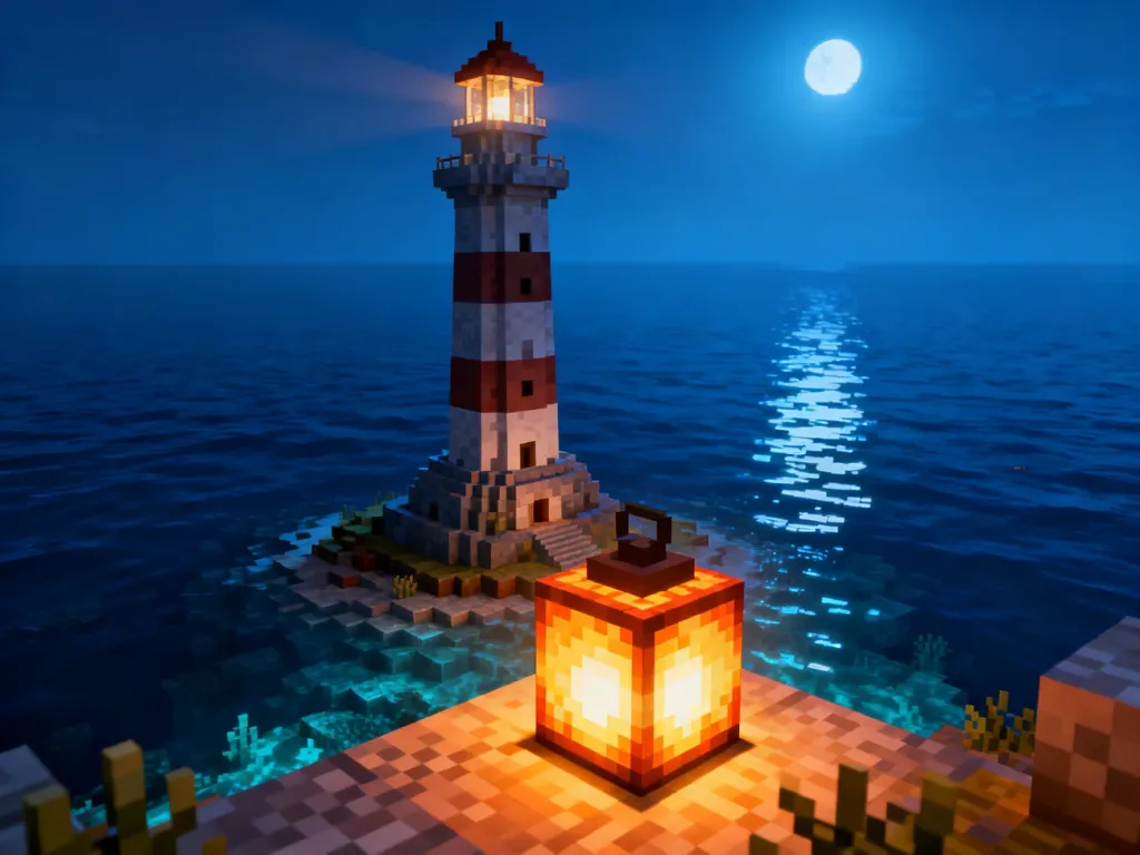 Wysoka latarnia morska zbudowana z bloków Minecrafta, oświetlona ciepłym światłem latarni morskiej na tle nocnego oceanu.