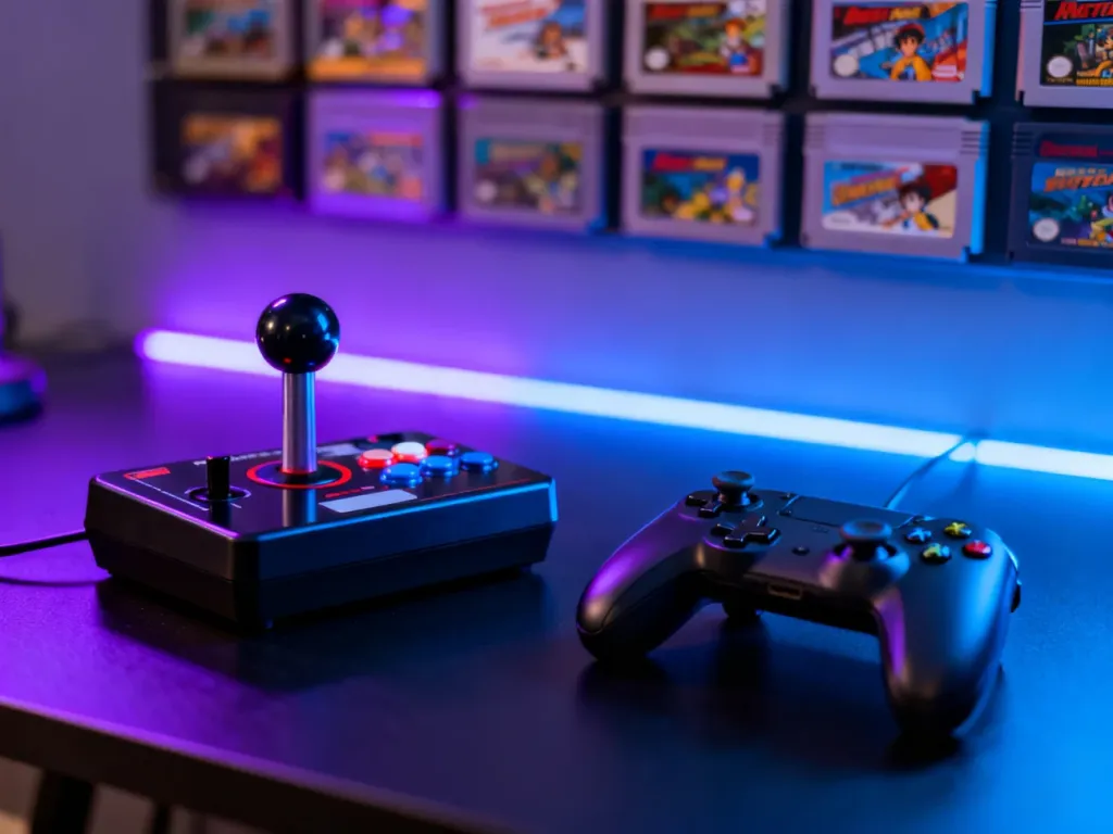Kontroler do gier i klasyczny joystick na biurku w otoczeniu retro kartridży, symbolizujące ewolucję gamingu.