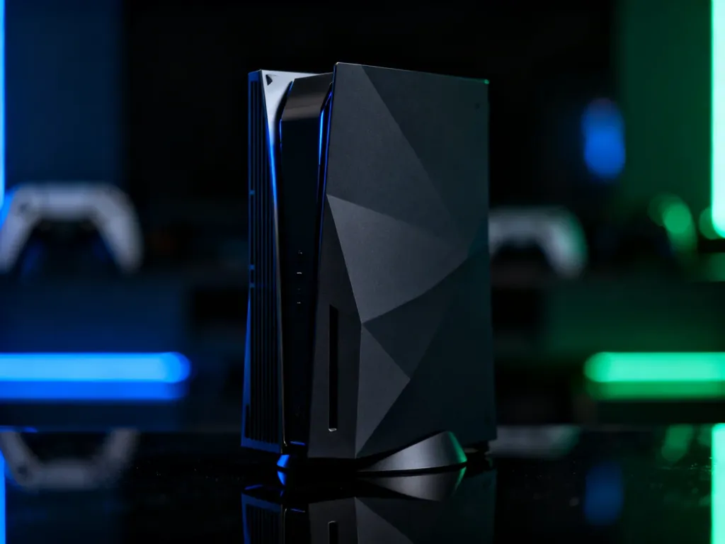 Czarna konsola Xbox Series X na ciemnym, błyszczącym podłożu w profesjonalnym oświetleniu studyjnym.