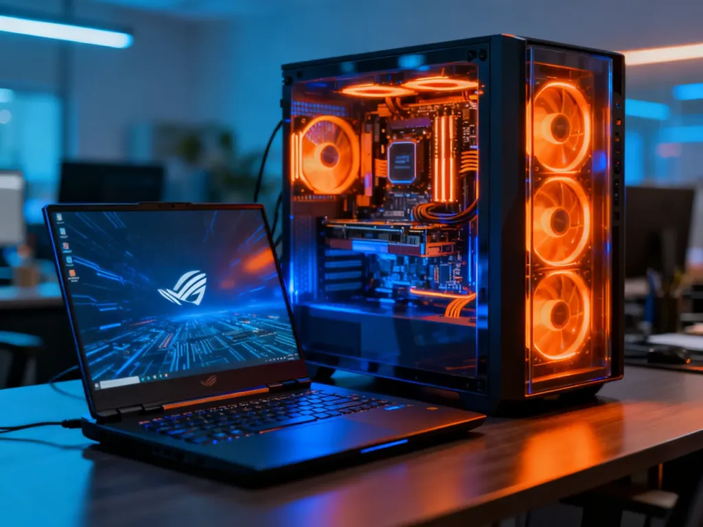 Laptop gamingowy obok komputera stacjonarnego z podświetlanymi podzespołami, ilustrujący porównanie wydajności sprzętu.