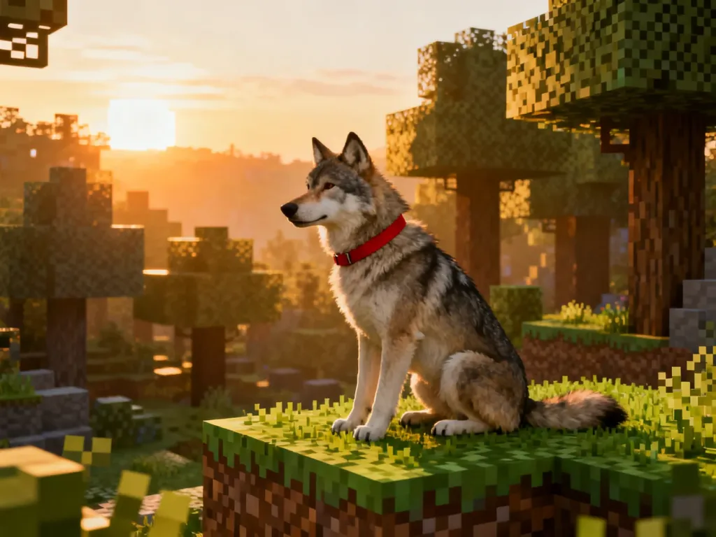 Oswojony wilk z czerwoną obrożą siedzący spokojnie na trawiastym bloku w świecie Minecrafta o wschodzie słońca.