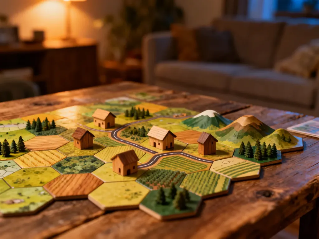 Plansza do gry w Catan z ułożonymi heksagonalnymi polami, drewnianymi domkami i drogami na rustykalnym stole.