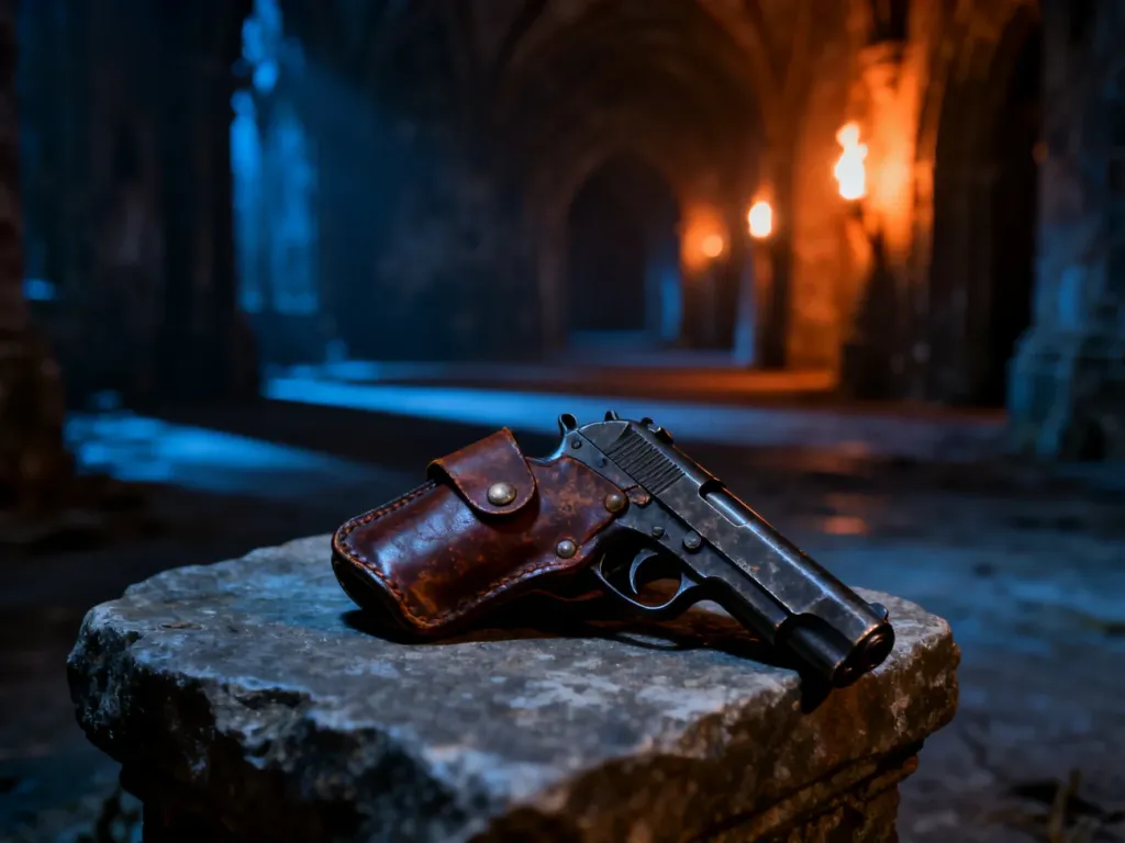 Pistolet i skórzana kabura leżące na kamiennym podłożu w mrocznym, gotyckim zamku z gry Resident Evil 4.