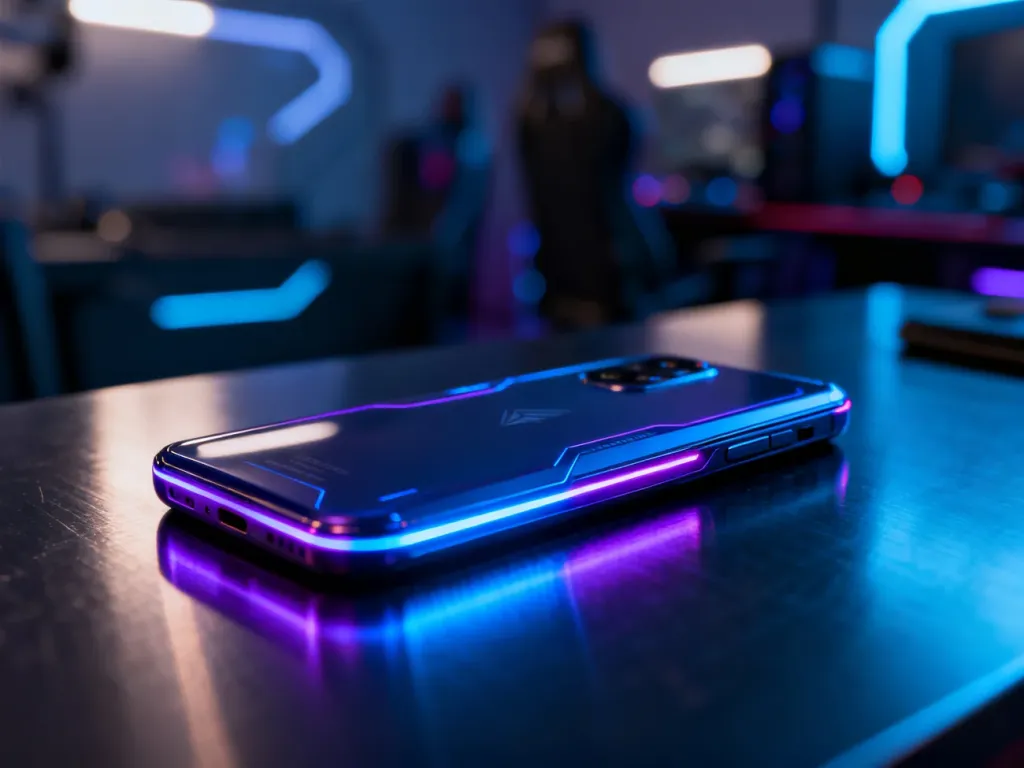 Futurystyczny smartfon gamingowy z podświetleniem RGB na ciemnym, metalicznym blacie w nowoczesnym pokoju gracza.
