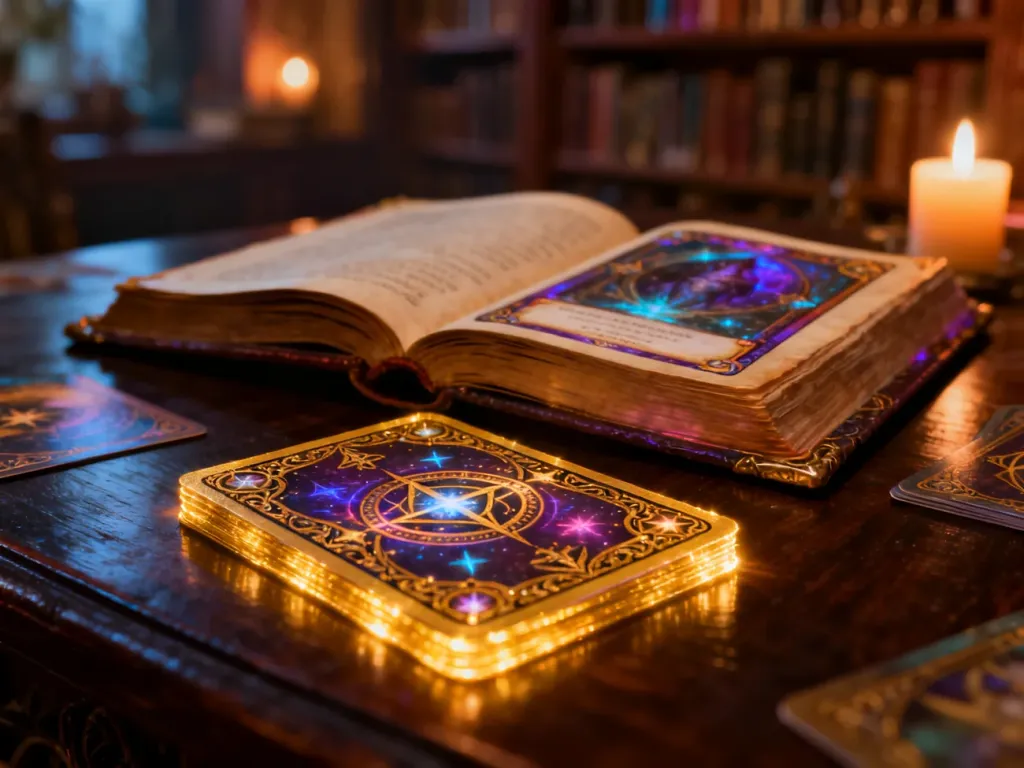 Otwarta księga z magicznymi kartami do gry Lorcana na drewnianym stole w przytulnej bibliotece.