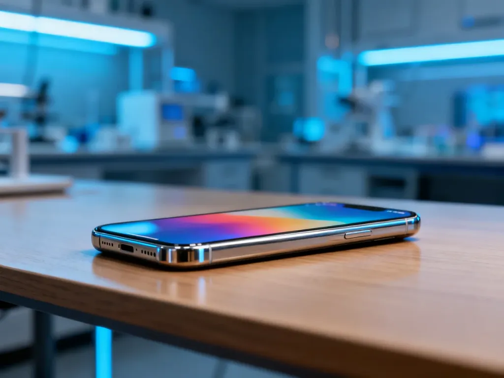 Nowoczesny smartfon z kolorową tapetą leżący na drewnianym biurku w futurystycznym wnętrzu laboratorium.