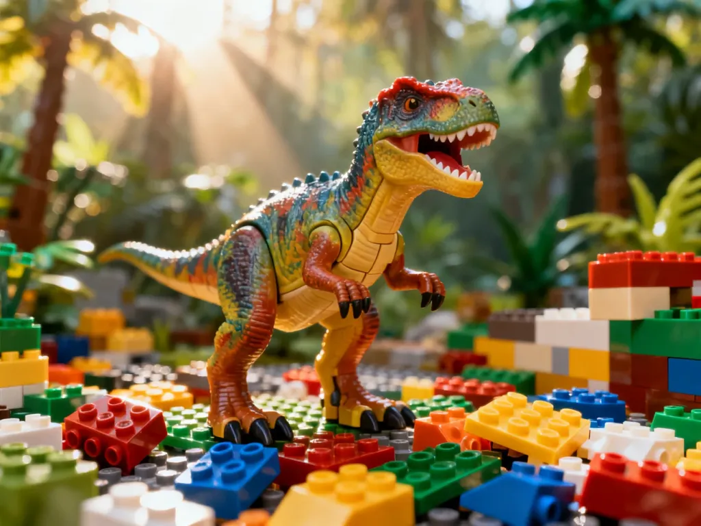 Kolorowa figurka dinozaura z klocków LEGO na tle zbudowanej z nich dżungli w grze Jurassic World.