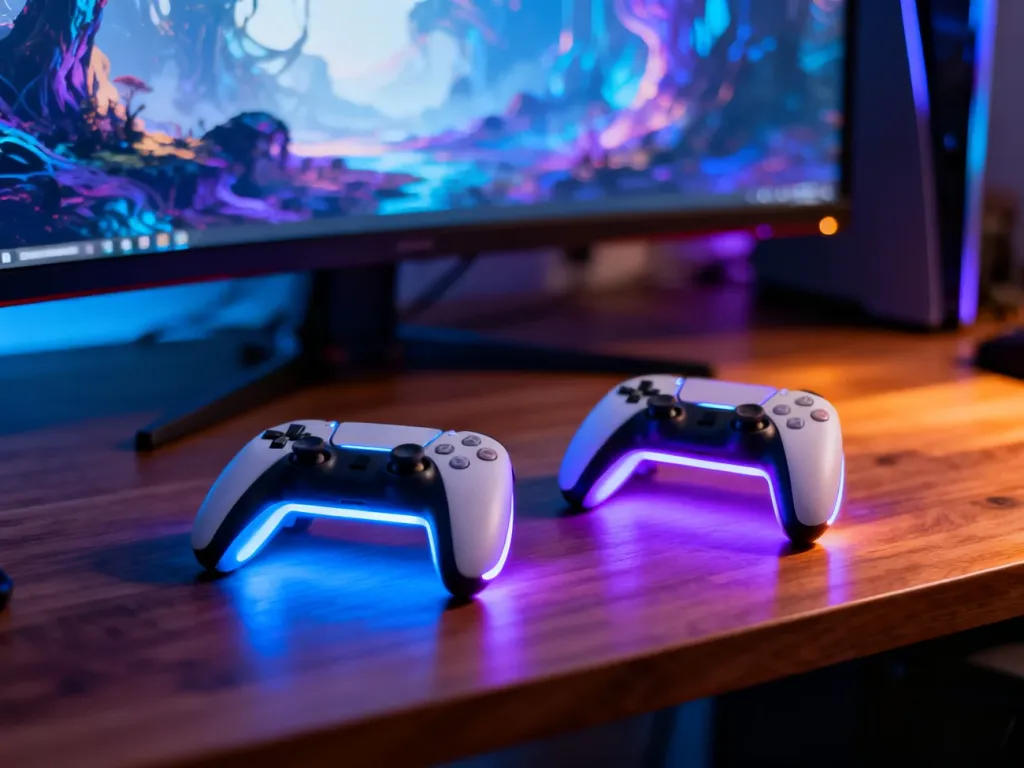 Dwa kontrolery do gier na biurku z nastrojowym podświetleniem LED, gotowe do wspólnej rozgrywki ze znajomymi.