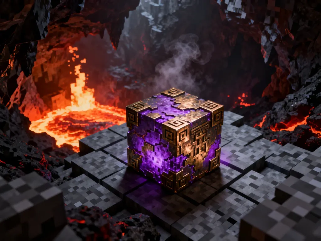 Blok starożytnych pozostałości (ancient debris) osadzony w skale netherrack w mrocznej, wulkanicznej jaskini w Minecrafcie.