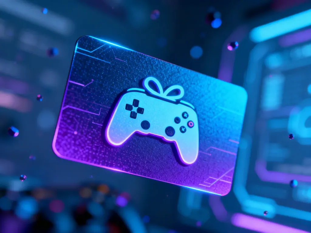 Cyfrowa karta podarunkowa z ikoną kontrolera do gier w neonowej stylistyce, symbolizująca doładowanie portfela Steam.