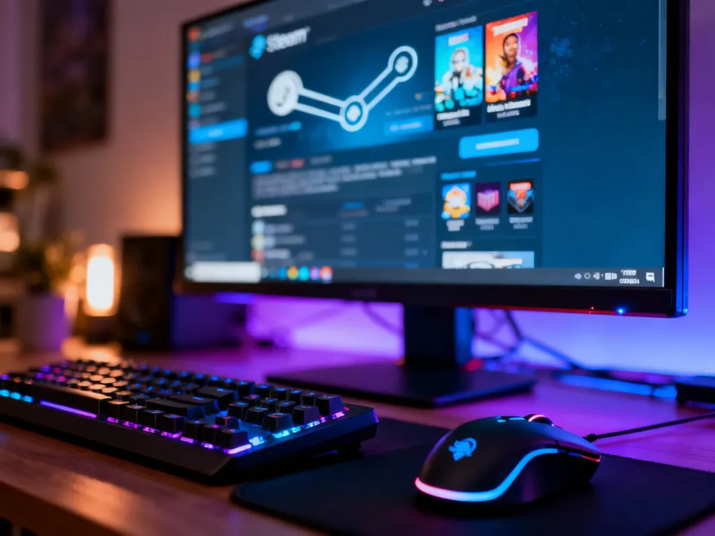 Monitor z otwartym sklepem Steam na biurku gracza z podświetlaną klawiaturą i myszką w przytulnym, wieczornym klimacie.