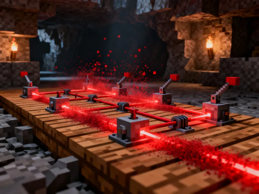 Złożony mechanizm z czerwonego kamienia (Redstone) z tłokami i dźwigniami wewnątrz jaskini w grze Minecraft.