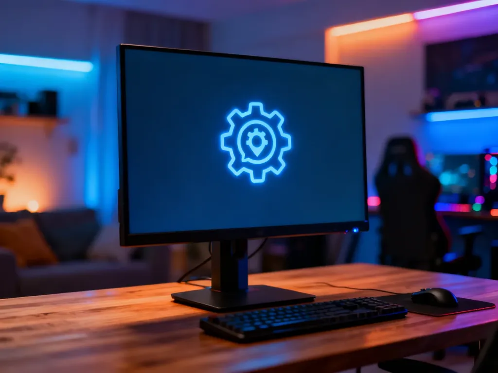 Nowoczesne stanowisko gamingowe z monitorem wyświetlającym ikonę wsparcia technicznego w niebieskiej poświacie.