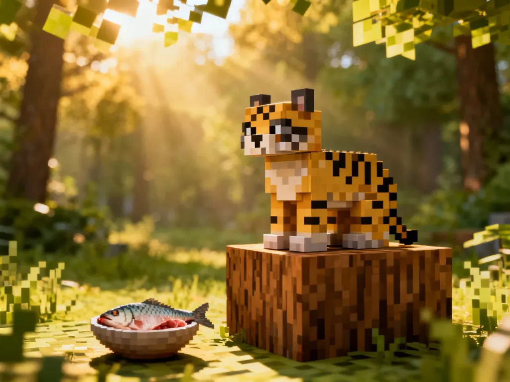 Ocelot siedzący na drewnianym klocku obok miski z surową rybą w słonecznym lesie z Minecrafta.