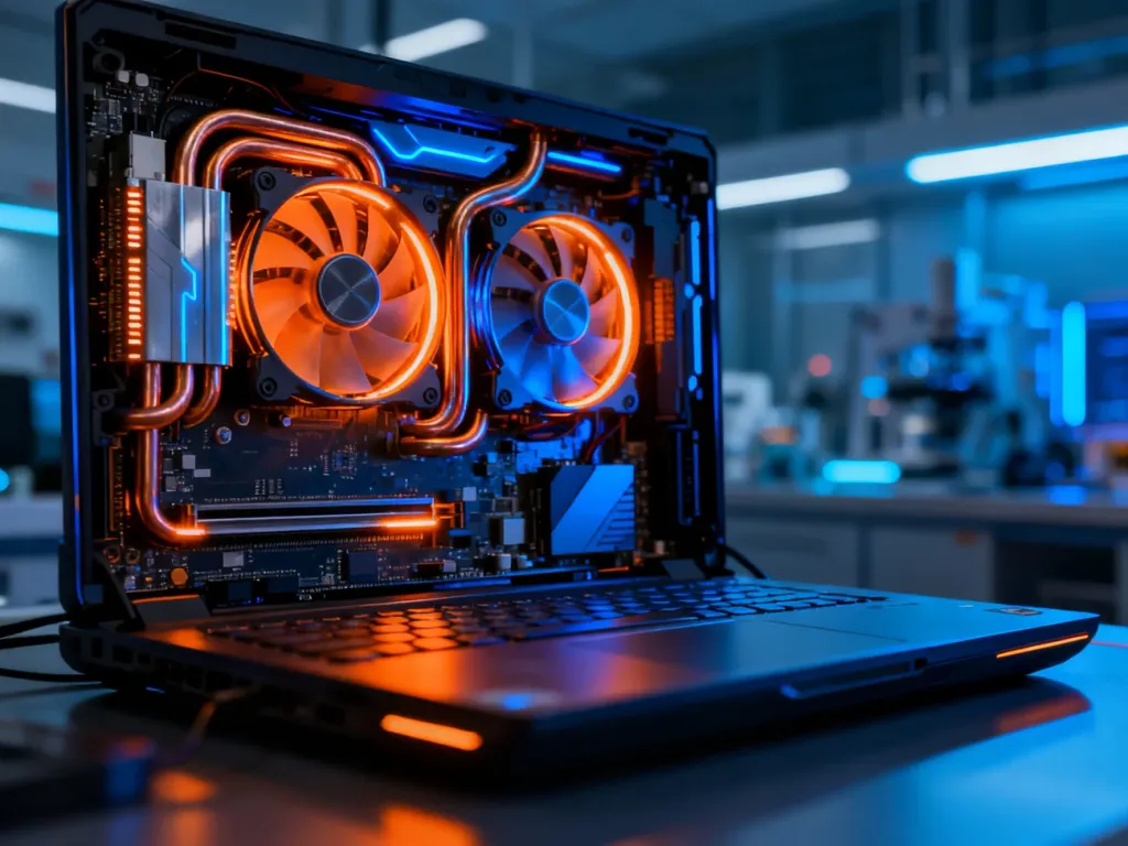 Wnętrze wydajnego laptopa gamingowego z zaawansowanym systemem chłodzenia i podświetlanymi podzespołami.