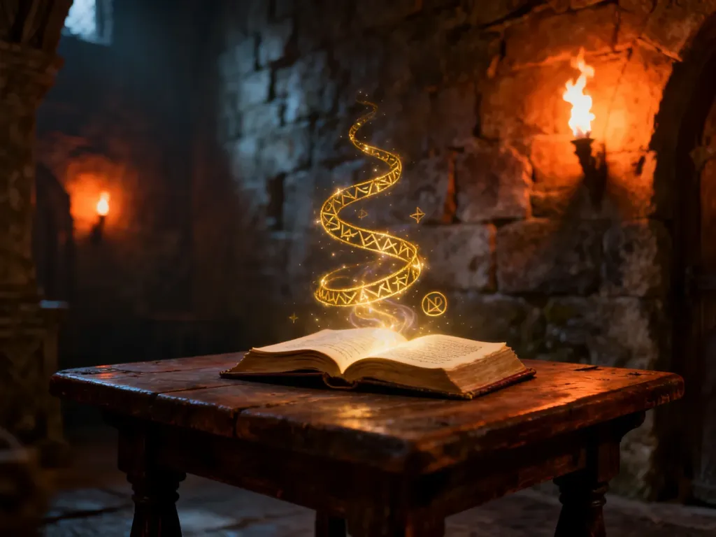 Stół do zaklinania w mrocznym, kamiennym pomieszczeniu z lewitującymi runami i magiczną księgą.