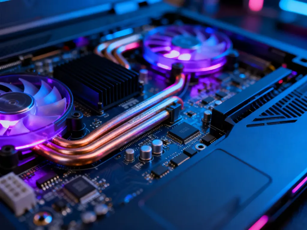 Wnętrze gamingowego laptopa z widocznymi podzespołami, układem chłodzenia i neonowym podświetleniem płyt głównych.