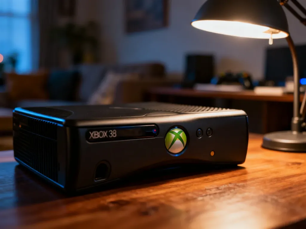Klasyczna konsola Xbox 360 na drewnianym stole w przytulnym, wieczornym wnętrzu, budująca nostalgiczny klimat.