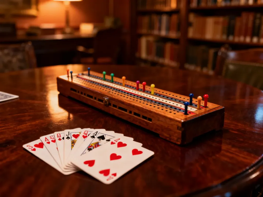 Drewniana plansza do gry w cribbage z kolorowymi kołeczkami oraz wachlarz kart na mahoniowym stole w przytulnym wnętrzu.