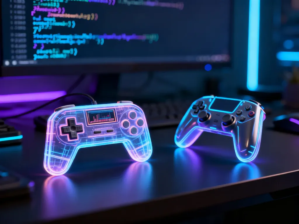 Dwa świecące kontrolery – retro i nowoczesny – symbolizujące porównanie platform z grami w cyfrowej przestrzeni.