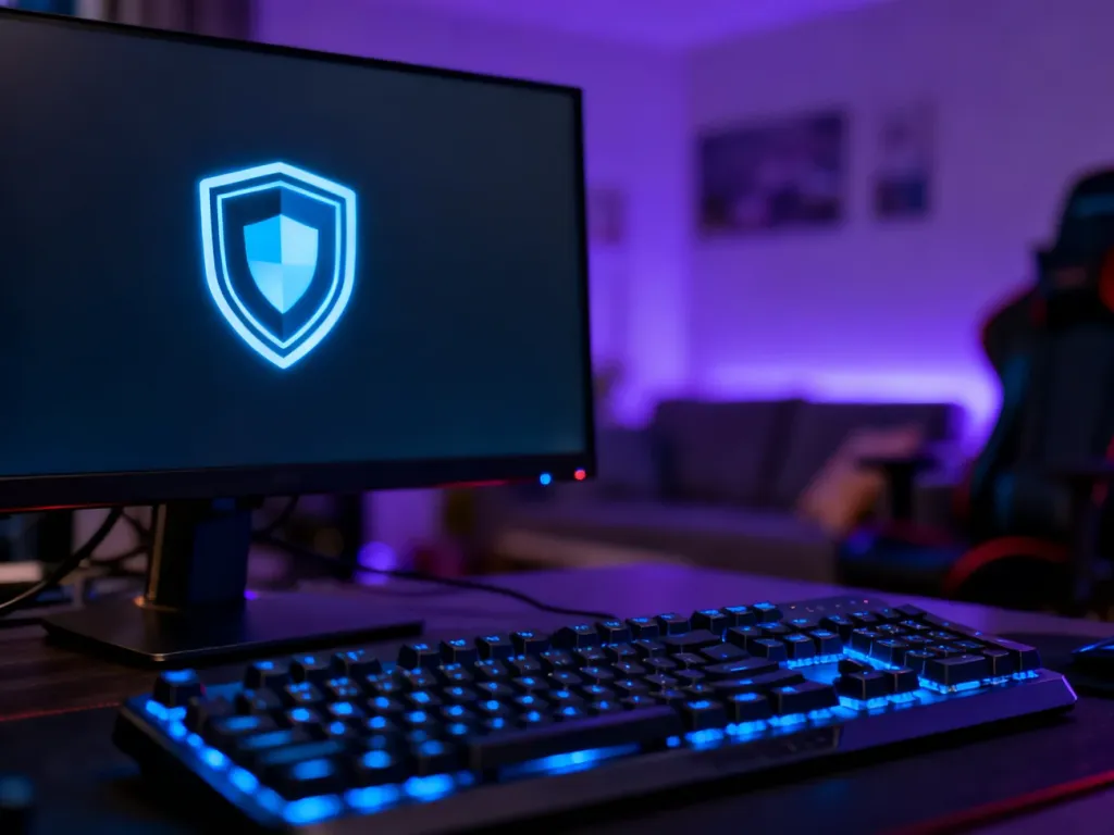 Ikona tarczy na ekranie monitora, symbolizująca aktywne zabezpieczenie Steam Guard w gamingowym pokoju.