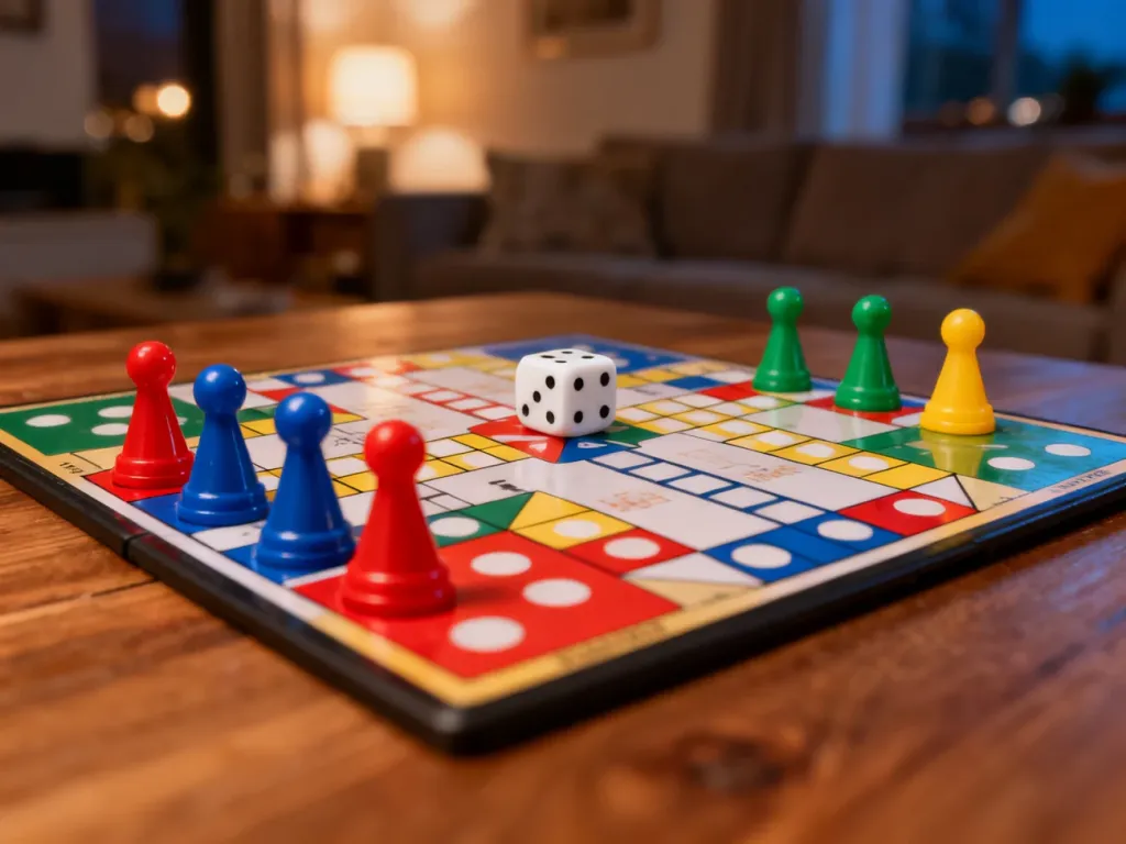 Kolorowa plansza do gry w Ludo z pionkami i kostkami na drewnianym stole w przytulnym salonie.