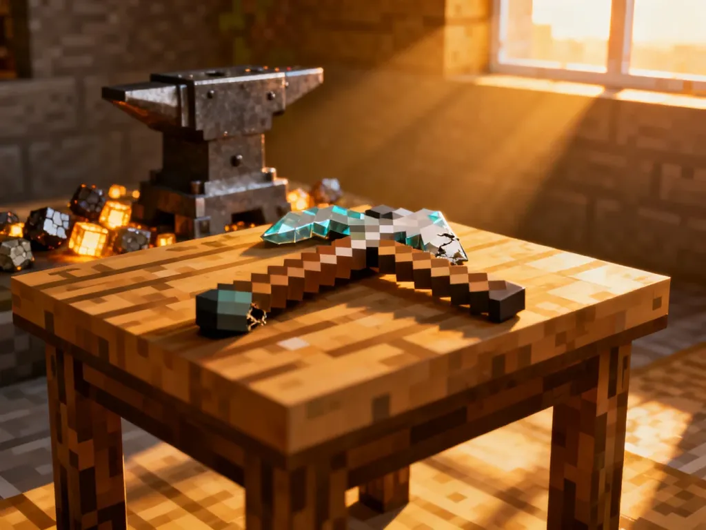 Stół rzemieślniczy z uszkodzonym diamentowym kilofem oraz kowadło w tle, gotowe do naprawy przedmiotów w Minecraft.