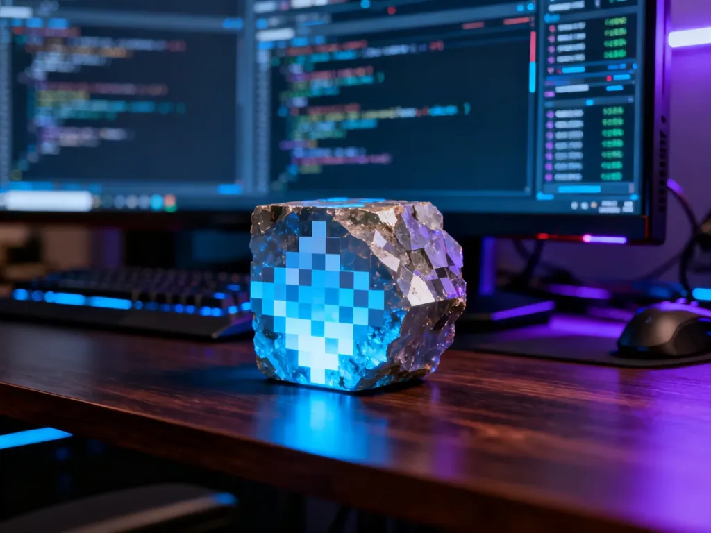 Świecący blok diamentowej rudy z Minecrafta na biurku gracza z widoczną w tle konsolą serwerową.