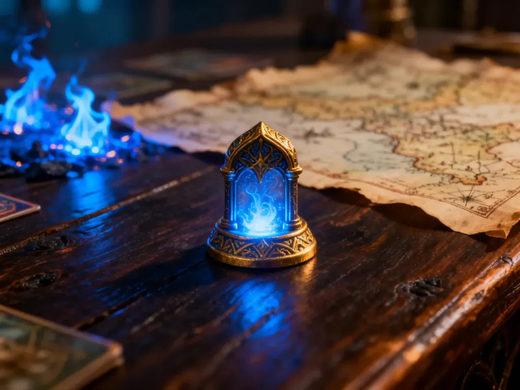 Mistyczna figurka do gry fantasy na drewnianym stole w otoczeniu magicznych iskier i starych map.