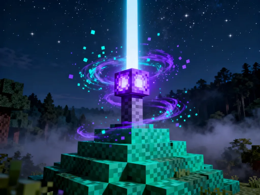 Magiczny beacon emitujący jasną wiązkę światła w nocnym niebie, ustawiony na piramidzie ze szmaragdowych bloków.