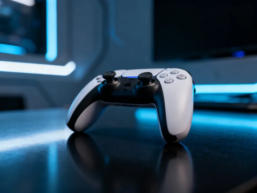 Nowoczesny kontroler do konsoli PlayStation 5 spoczywający na ciemnym blacie w otoczeniu futurystycznego oświetlenia.