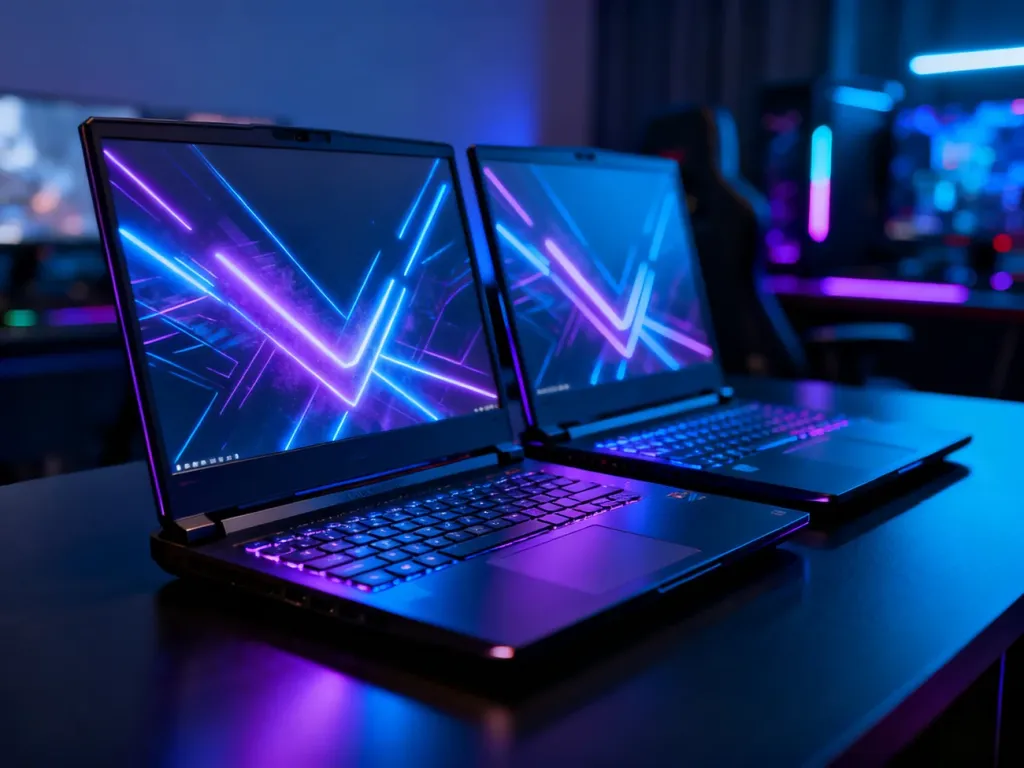 Dwa nowoczesne laptopy gamingowe z podświetlanymi ekranami ustawione obok siebie na biurku w wieczornej scenerii.