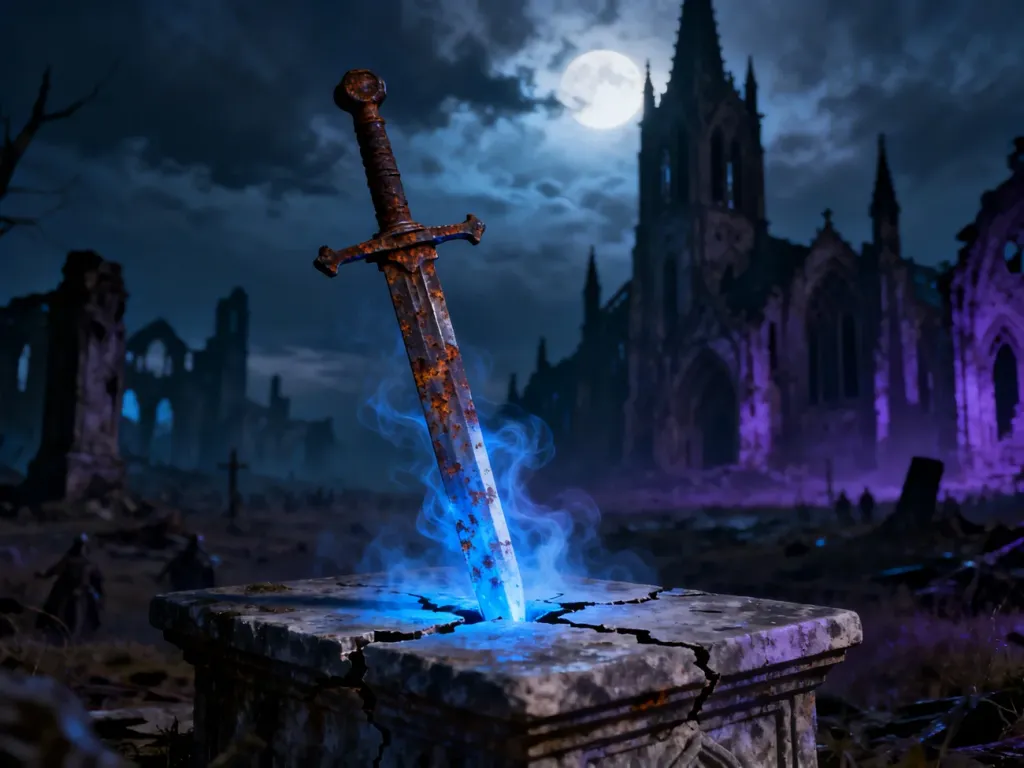 Zardzewiały miecz wbity w kamienny ołtarz na tle mrocznych ruin katedry w klimacie dark fantasy.