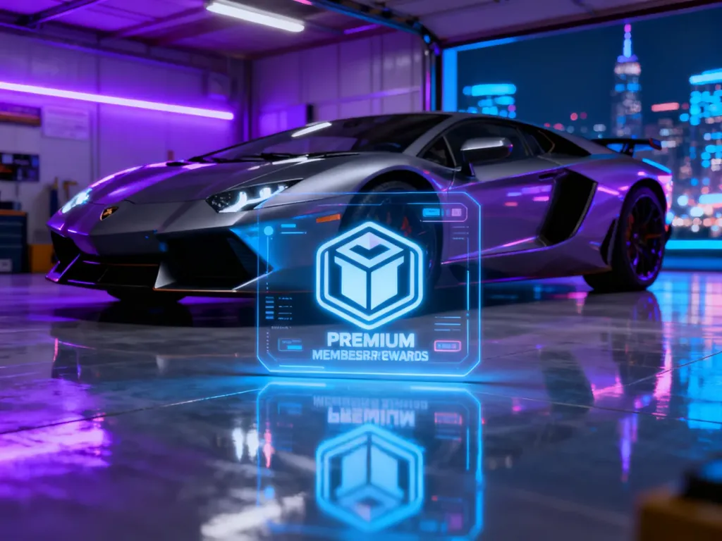 Luksusowy samochód sportowy w nowoczesnym garażu z ikoną członkostwa premium, symbolizującą korzyści subskrypcji GTA Plus.